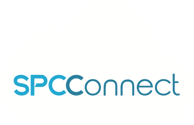 Logo SPCConnect in blu e grigio su sfondo bianco.
