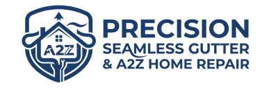 Precision Seamless Gutter & A2Z Home Repair logo in blue with house and shield icon