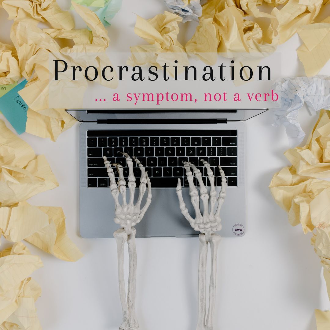 Skeletal hands over a laptop, surrounded by crumpled paper. Evokes burnout & lack of progress