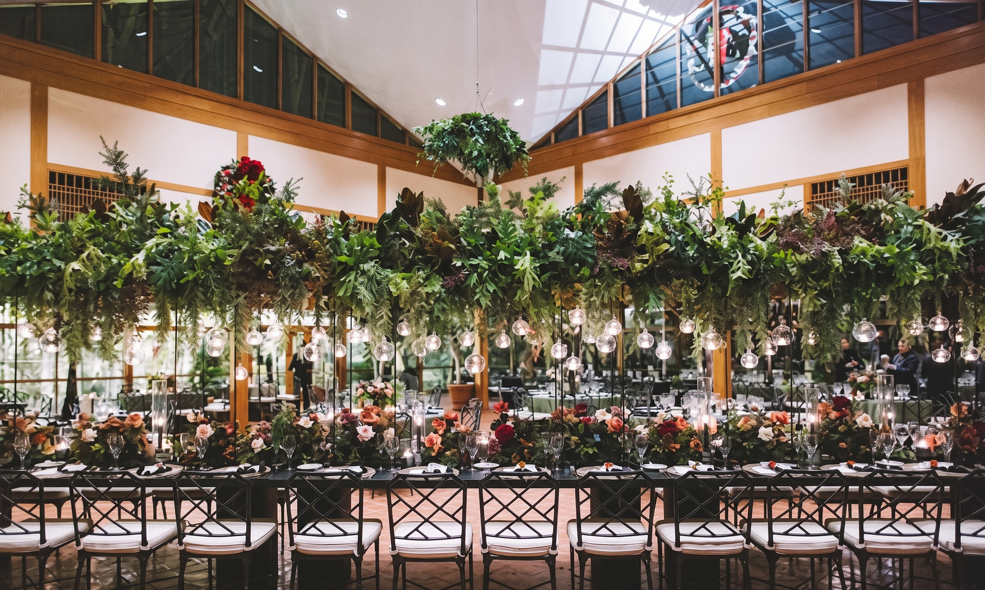 Elegant indoor restaurant with lush hanging greenery, warm lights, and rows of tables and chairs