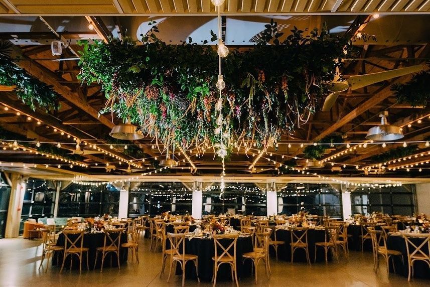Elegant banquet hall with hanging greenery, warm lights, and set tables for an event.
