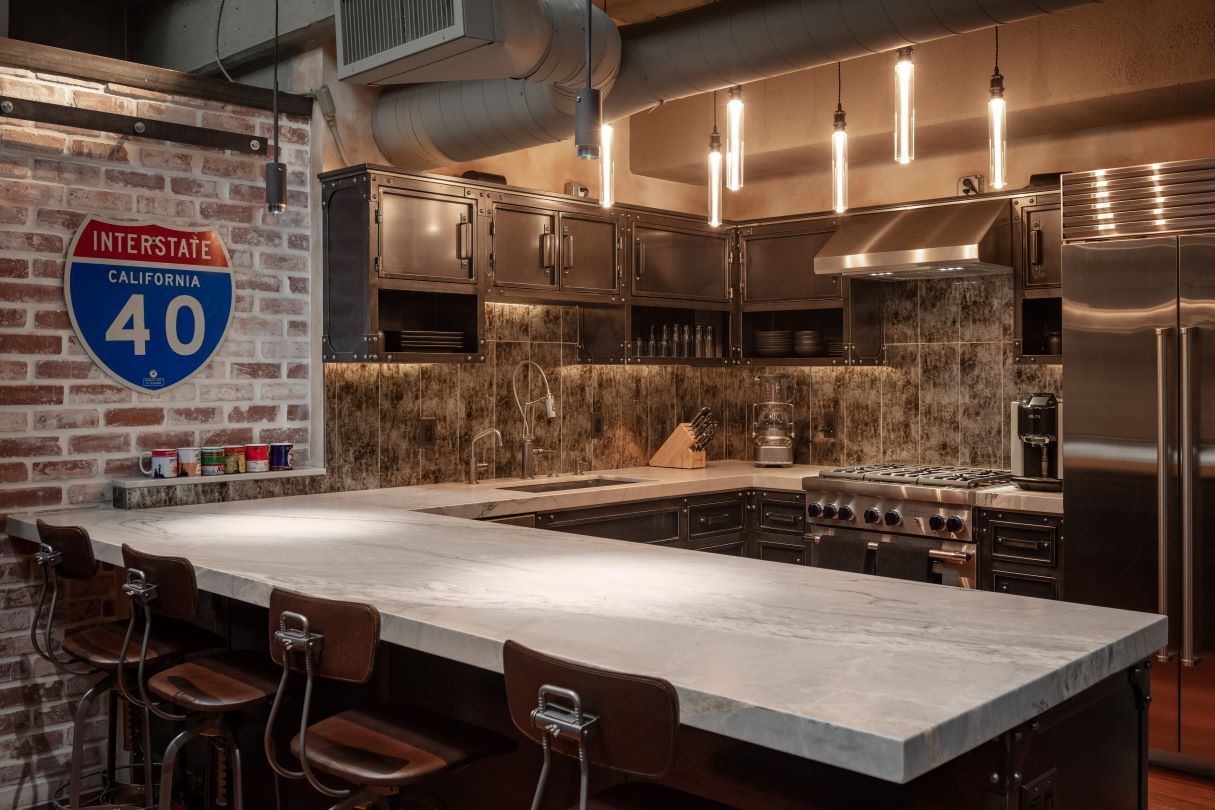 A kitchen with a sign on the wall that says interstate 40
