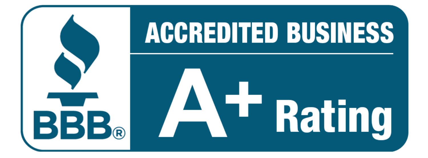 BBB Accredited Business A+ Rating badge with teal logo and white text on blue background