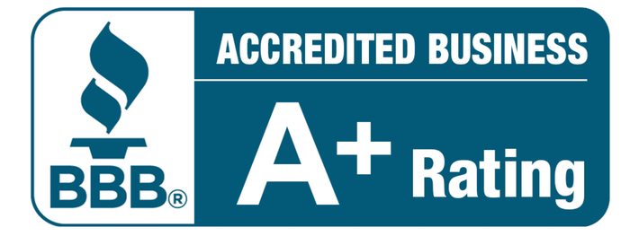 BBB Accredited Business A+ Rating badge with teal logo and white text on blue background