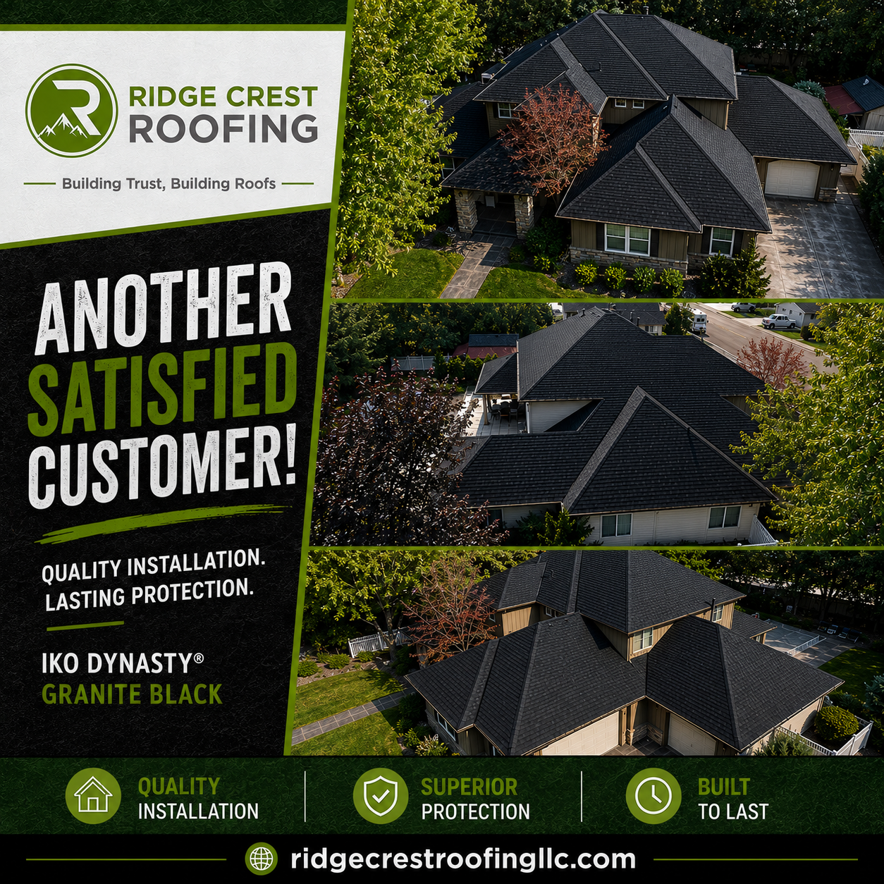 Roofing ad showing a home with black shingles and text, “Another satisfied customer!”