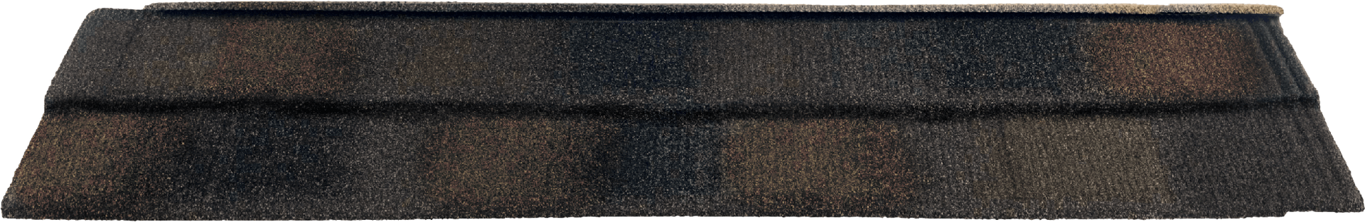 Close-up of a dark shingled roof ridge with a brown trim edge