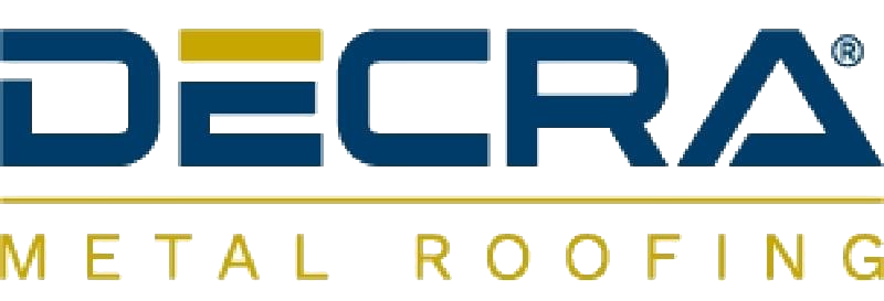 DECRA Metal Roofing logo in blue and gold on a white background
