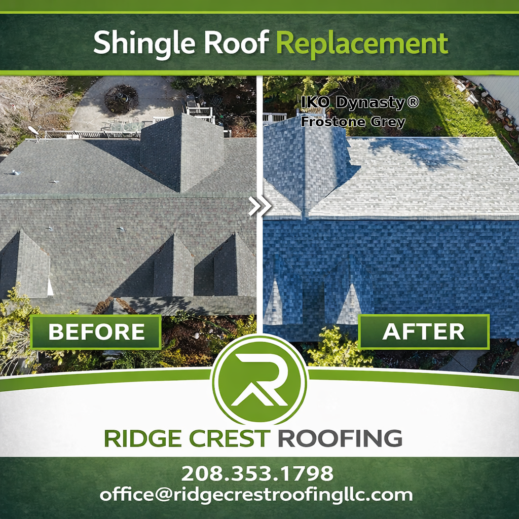 Before-and-after aerial shingles roof replacement ad with Ridge Crest Roofing contact info