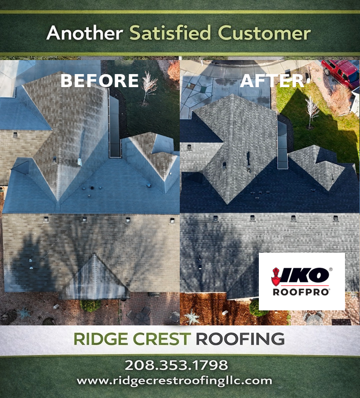 Roofing ad showing before-and-after aerial house photos with Ridge Crest Roofing logo and contact info.