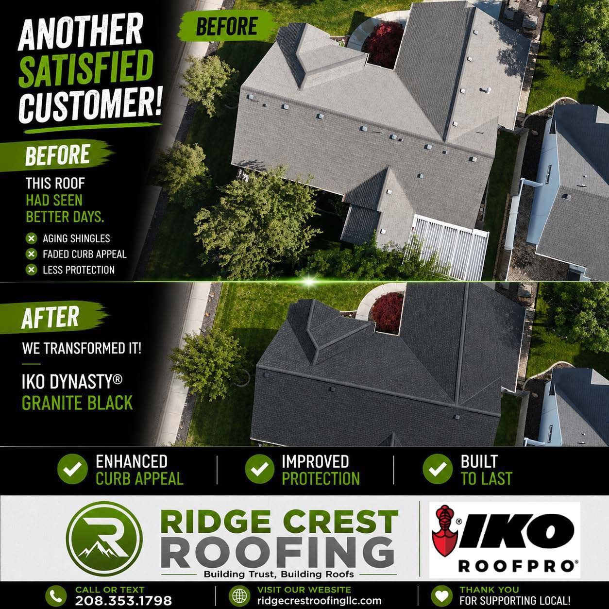 Roofing ad showing before-and-after aerial house photos with dark gray shingle upgrade and company logos