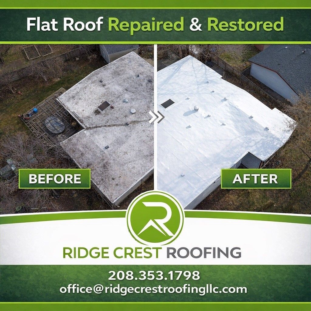 Before-and-after flat roof repair ad for Ridge Crest Roofing, showing damaged roof restored to white coating.