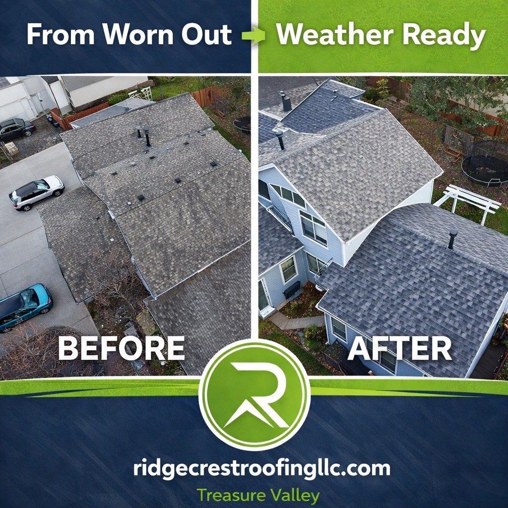 Roof replacement before-and-after aerial view: worn gray roof changed to weather-ready new shingles.