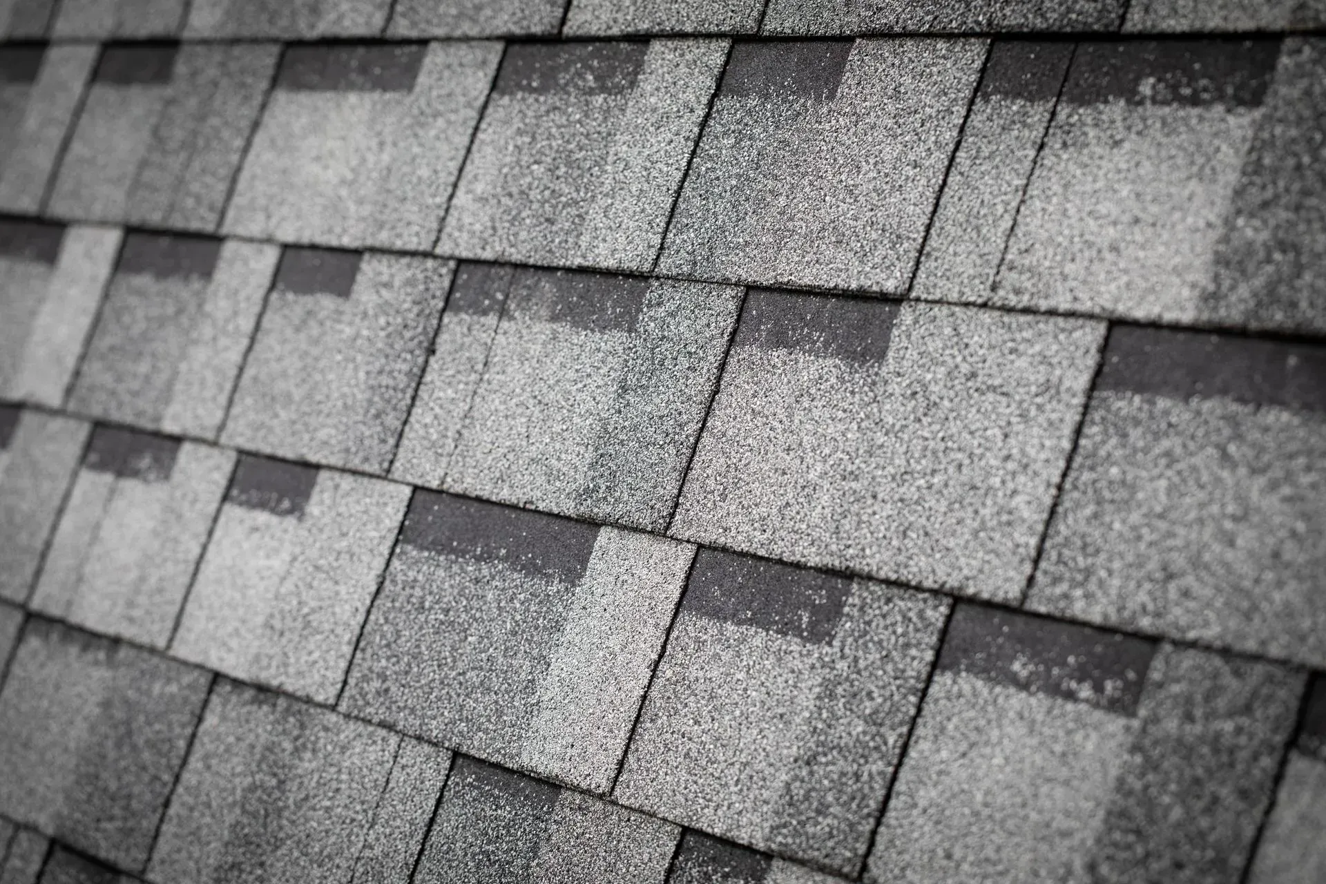 Gray asphalt roof shingles in a close-up pattern, with varying shades and texture.