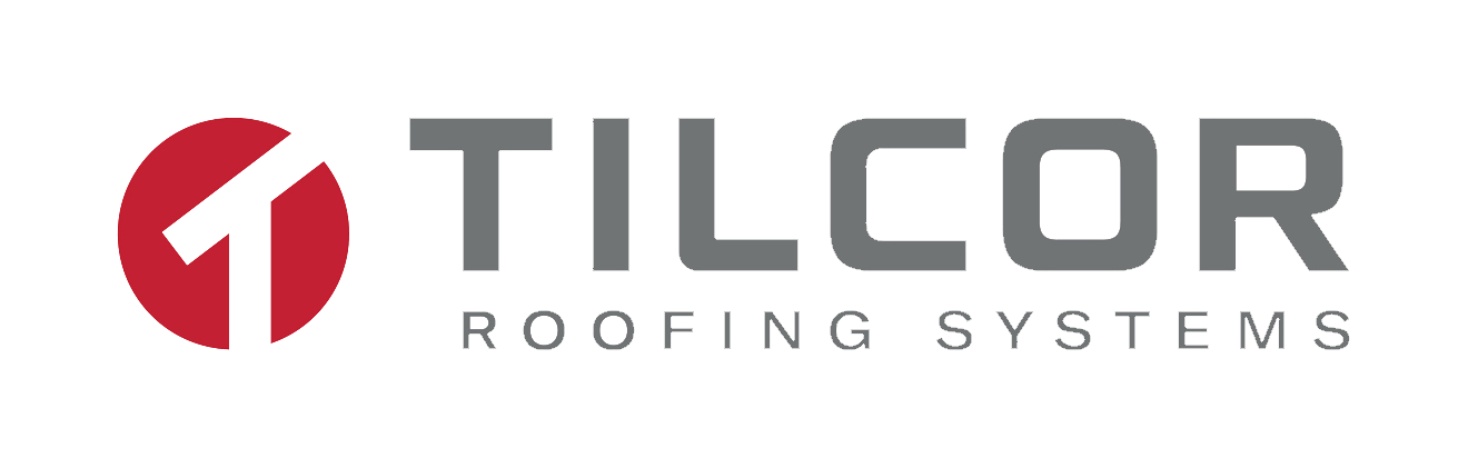 Tilcor Roofing Systems logo in gray and red on a white background