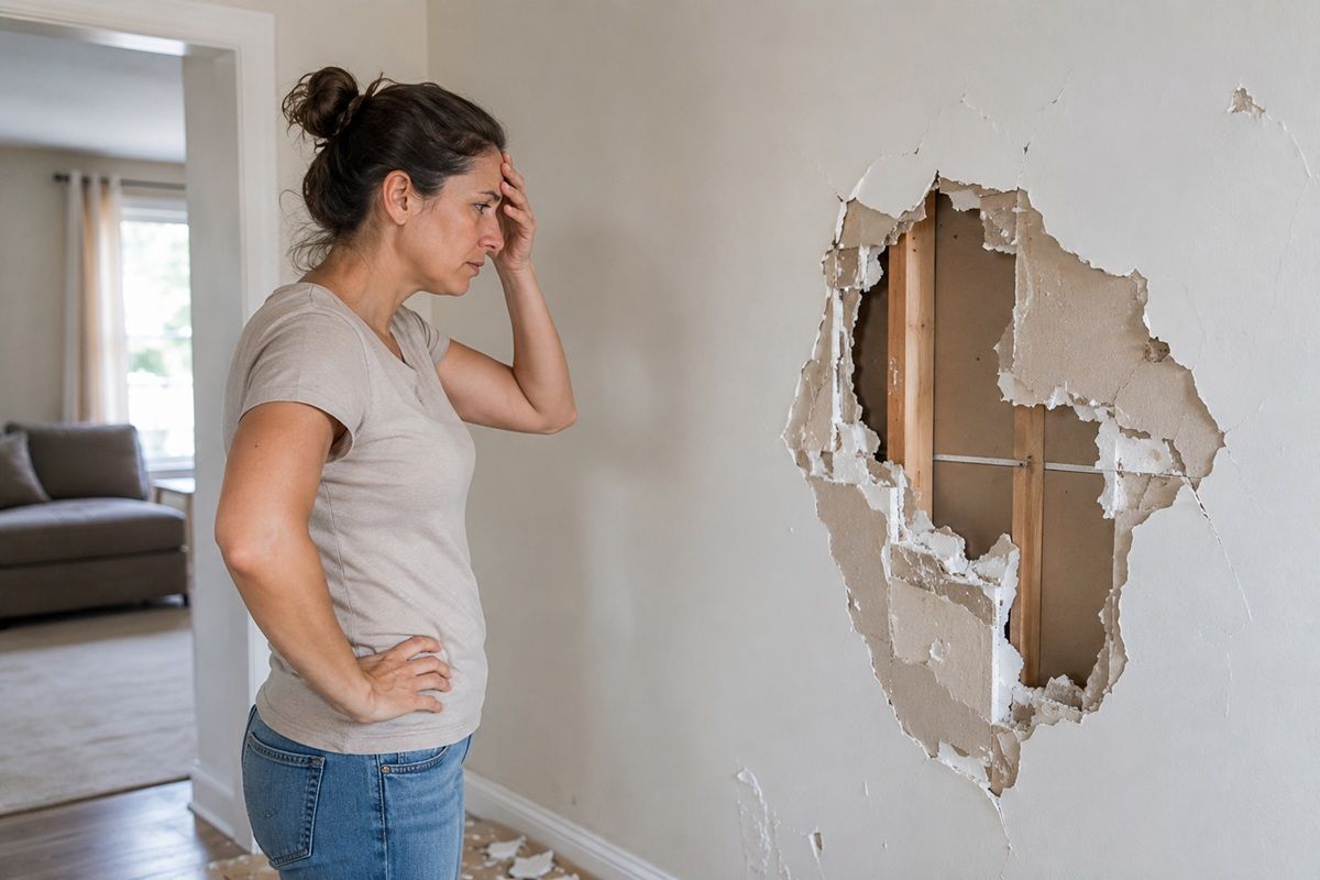 Damaged drywall wall showing cracks and holes in a Porterville, CA home