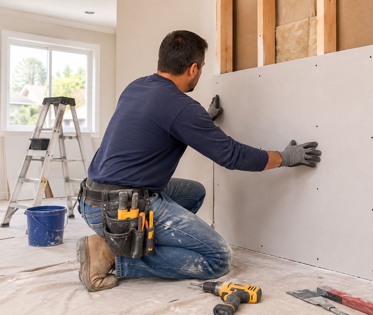 Technician replacing damaged wall drywall in Porterville, CA