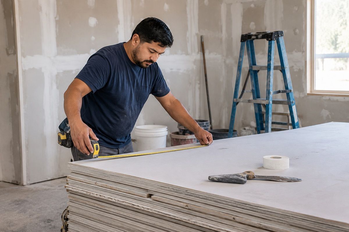 Drywall panels and installation materials prepared for a Porterville, CA project