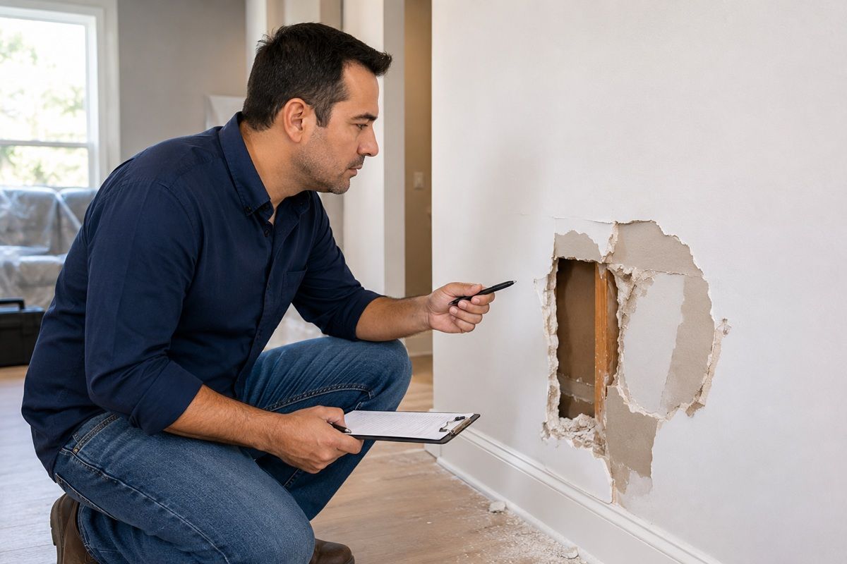 Technician assessing drywall damage for a repair estimate in Porterville, CA