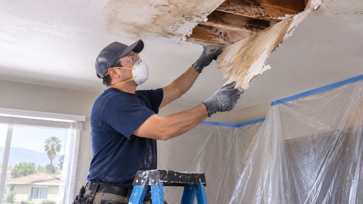 Technician using protective equipment during drywall water damage repair in Porterville, CA