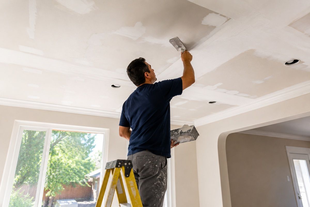 Completed ceiling drywall repair project in Porterville, CA