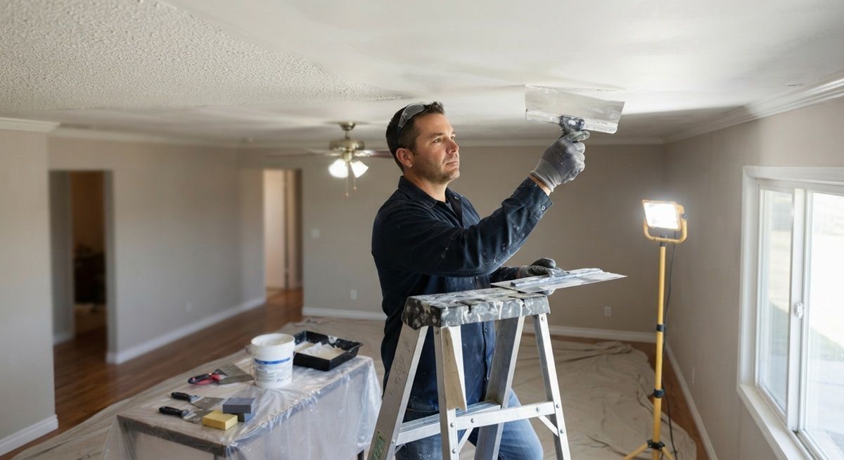 Recently skim-coated ceiling after popcorn removal in Porterville, CA