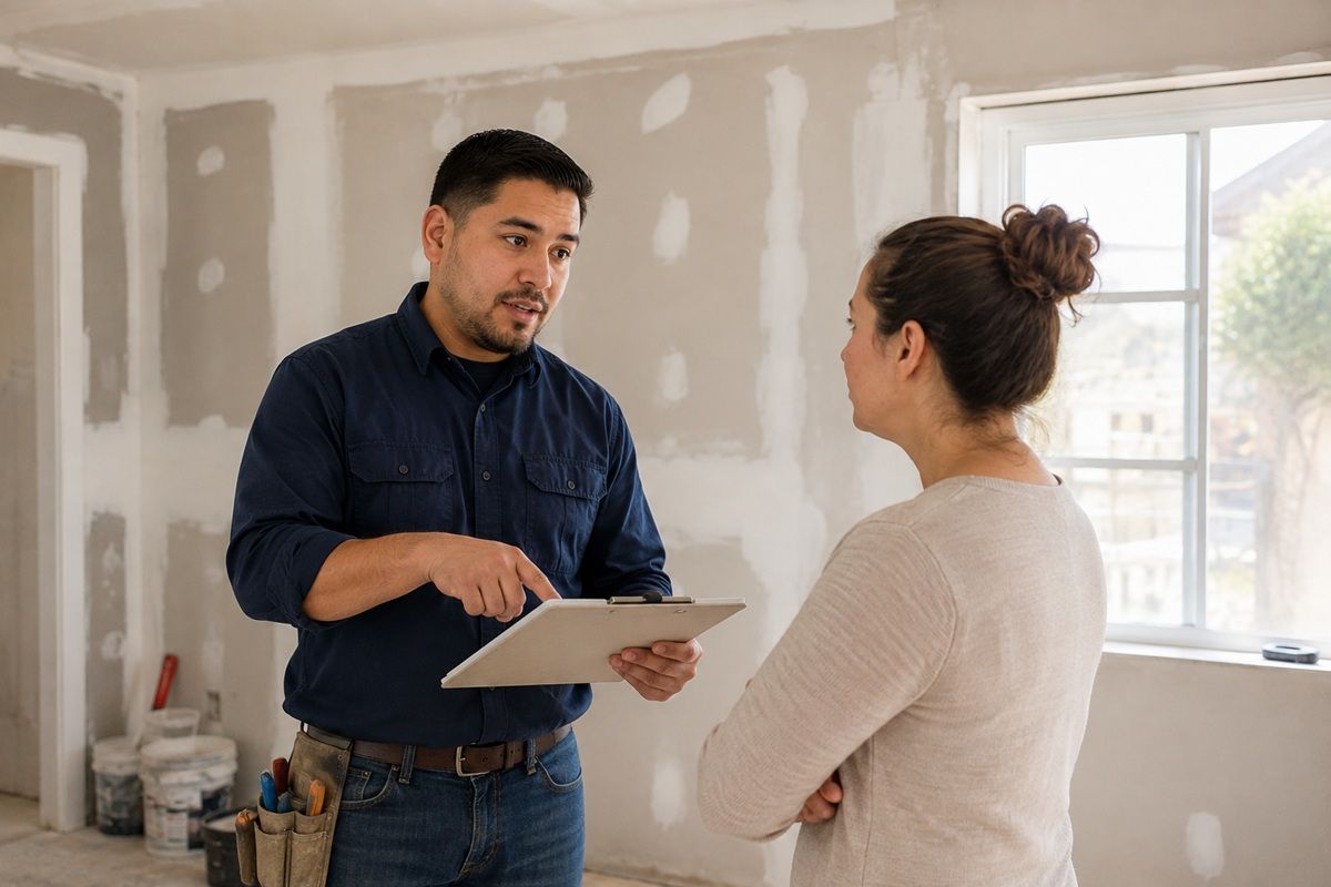 Homeowner discussing a drywall repair estimate with a technician in Porterville, CA