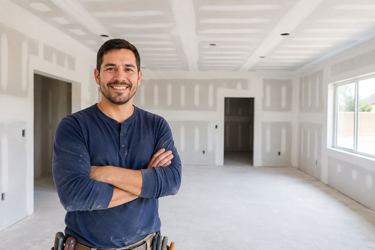 Technician finishing a repaired drywall surface in Porterville, CA