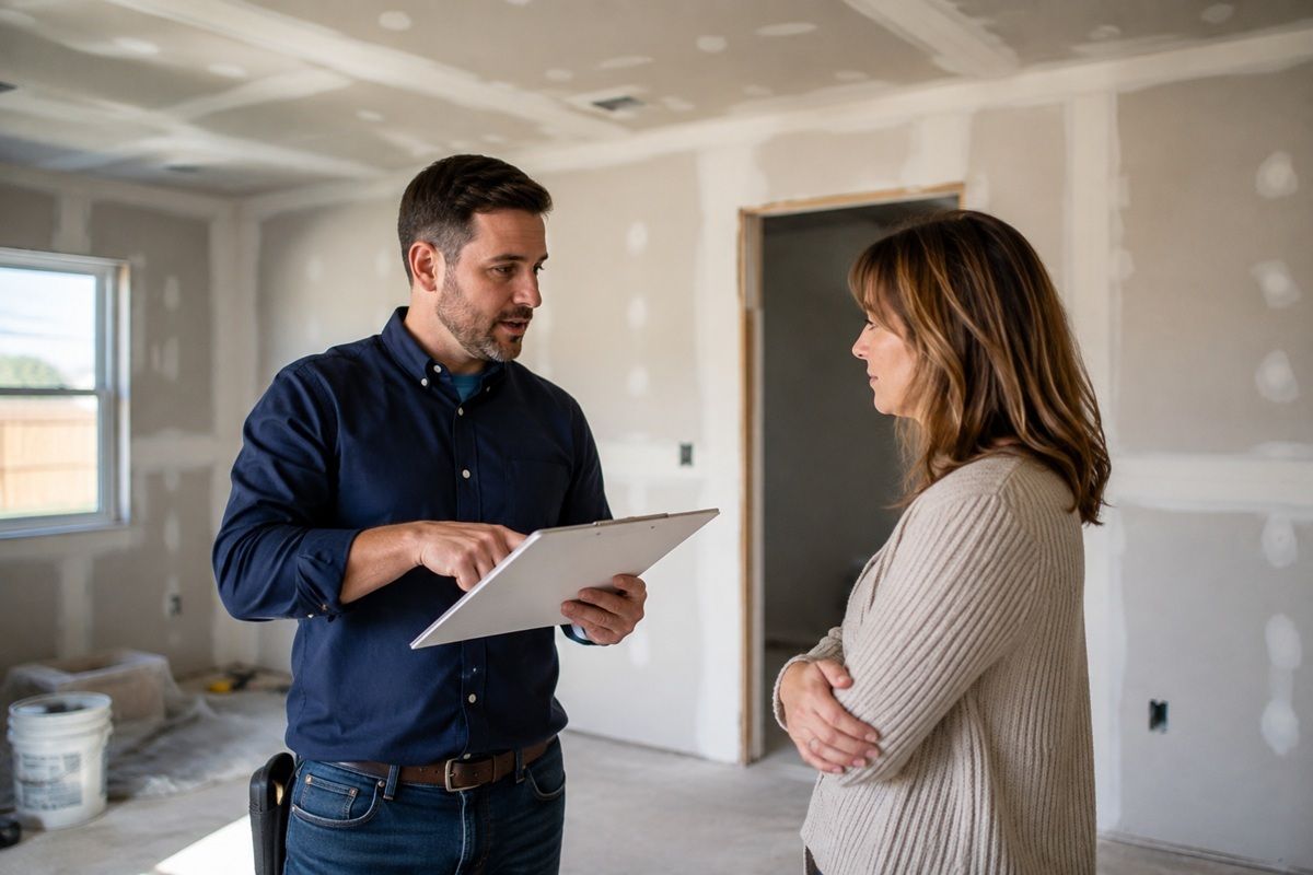 Technician assessing a drywall repair project with the homeowner in Porterville, CA