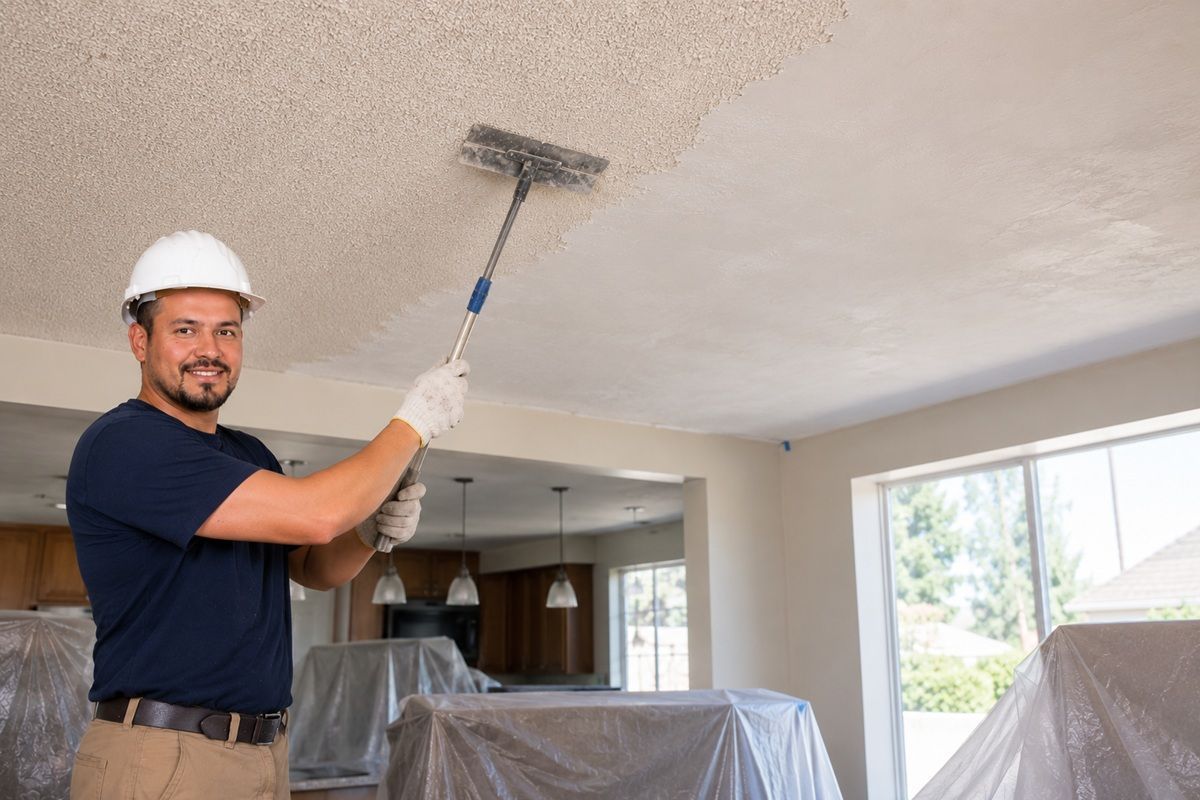 Technician performing ceiling texture removal and finishing work in Porterville, CA