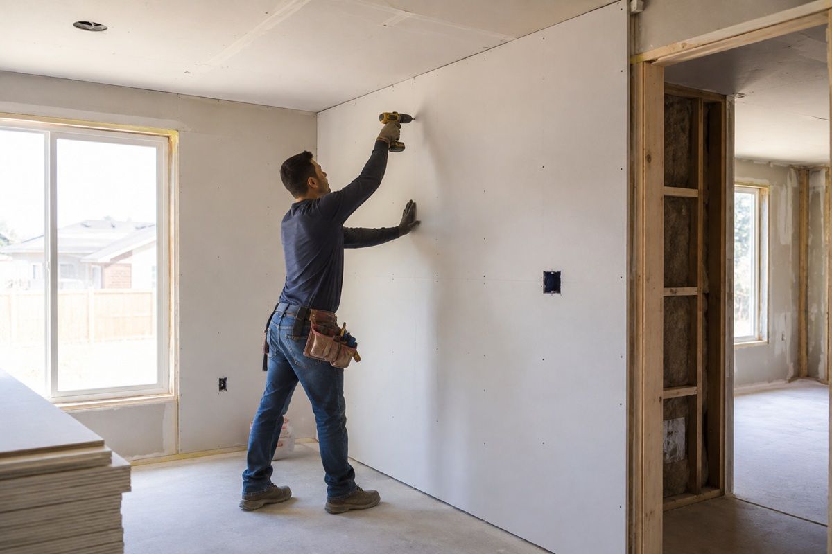 Technician performing drywall installation in a Porterville, CA home