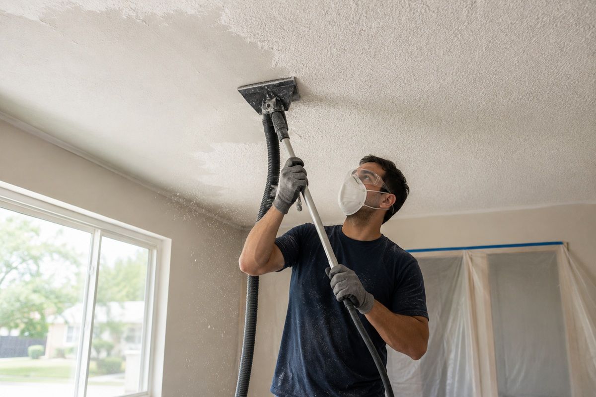 Technician performing professional popcorn ceiling removal in Porterville, CA