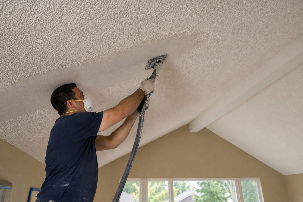 Technician working around a vaulted textured ceiling in Porterville, CA