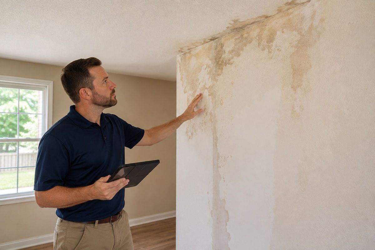 Technician evaluating water-damaged drywall for a repair estimate in Porterville, CA