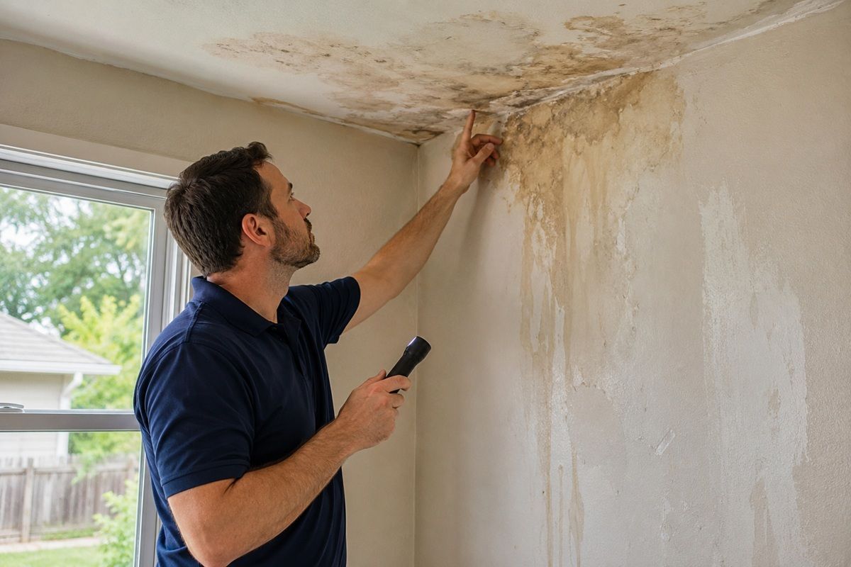 Technician inspecting water-damaged drywall in Porterville, CA