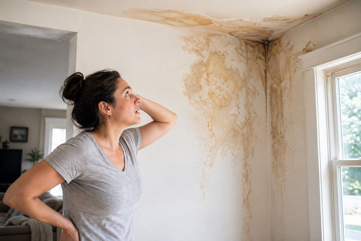 Yellowish-brown water stains visible on drywall in a Porterville, CA home