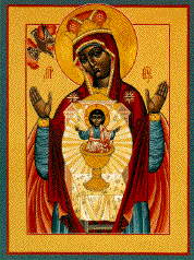A religious icon of a woman holding a child in a chalice.