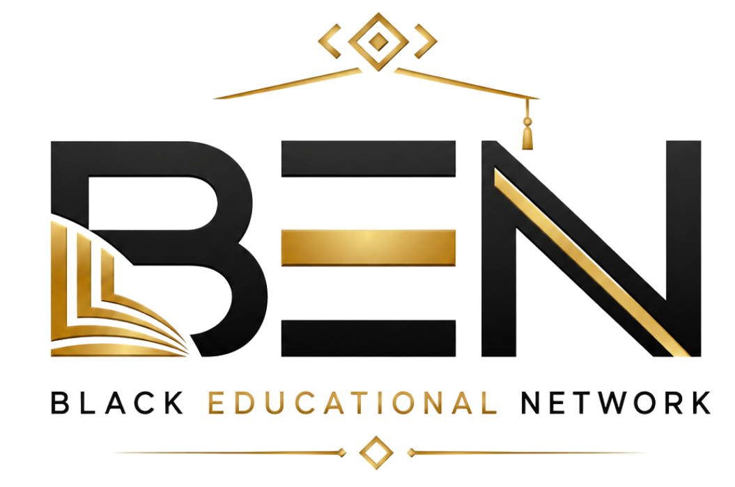 Black Educational Network logo with gold and black “BEN” lettering and graduation cap motif