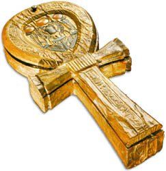 A gold cross with a beetle on it is on a white background