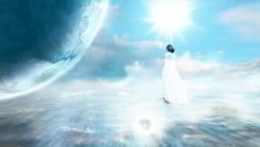 A woman in a white dress is flying through the air in front of a planet.