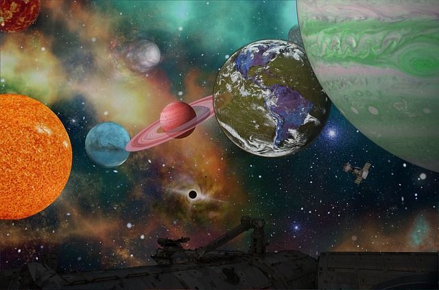A painting of the solar system with the sun , planets , and a black hole in the middle.
