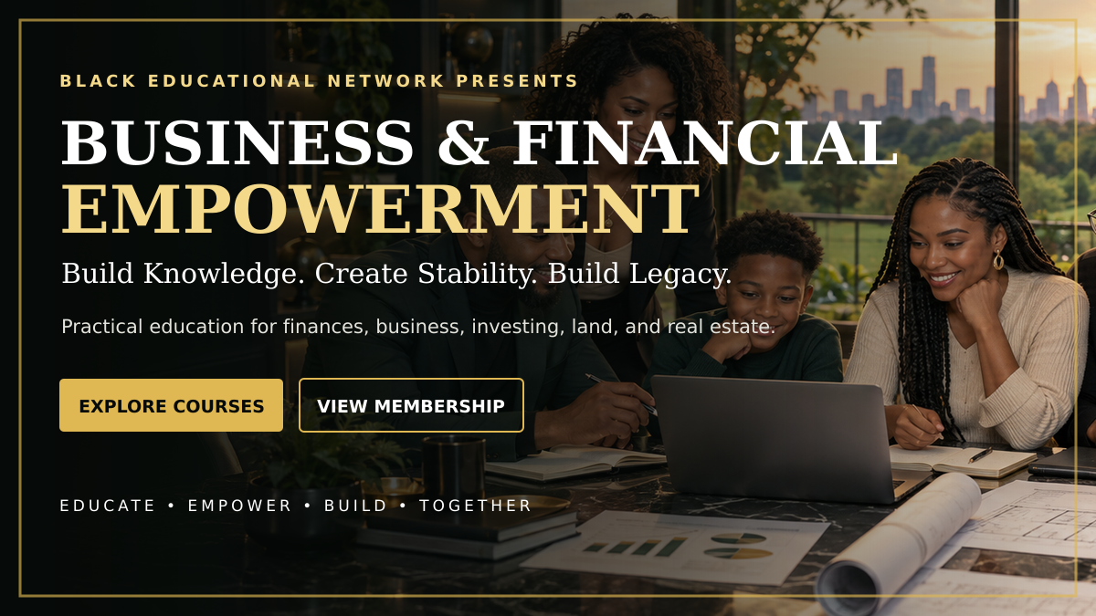 Business & Financial Empowerment webinar promo with laptop, notes, and gold text overlay