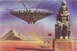 A painting of a hot air balloon flying over a pyramid.