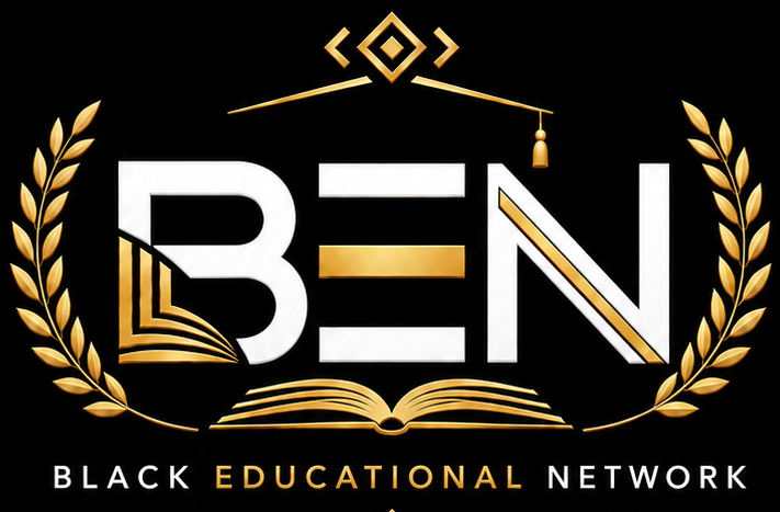 A green yellow and red logo for black educational network