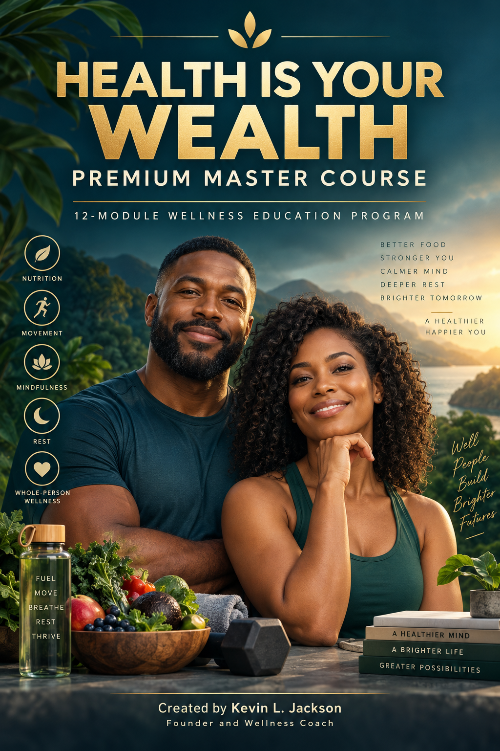 Health is Your Wealth course cover with smiling couple, fresh produce, and a kitchen counter backdrop