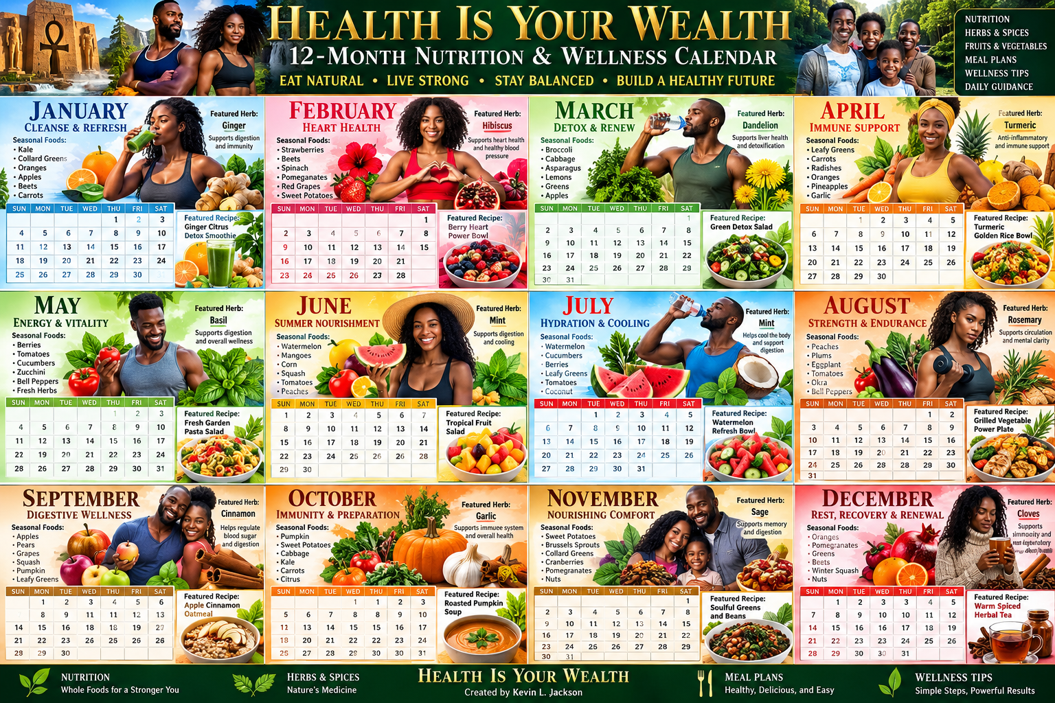 2024 “Health Is Your Wealth” calendar with monthly food-themed wellness photos and green title banner