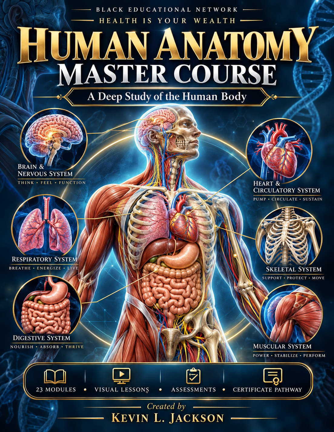 Human Anatomy Handbook cover with labeled body diagrams, dark blue background, and gold title text