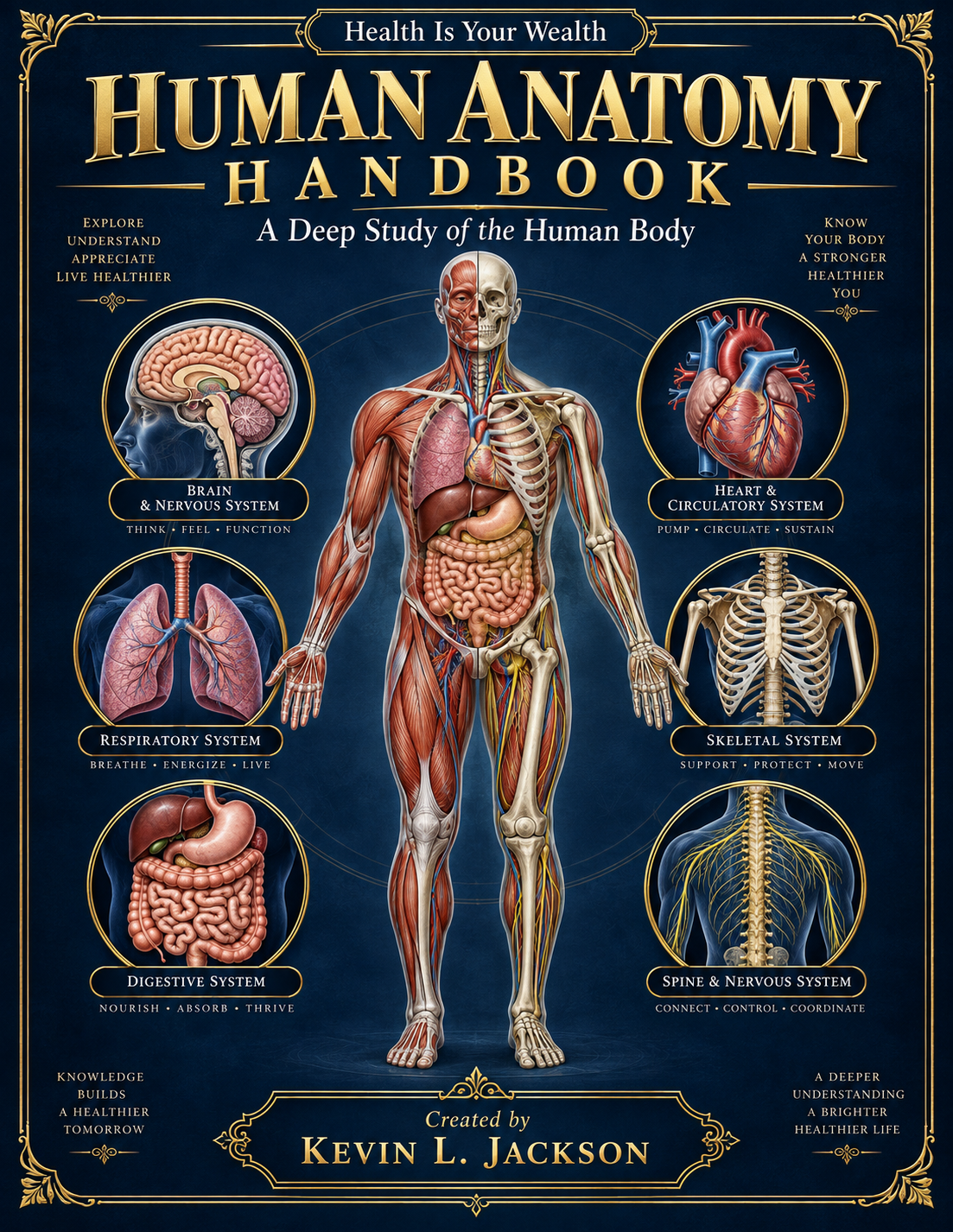 Human Anatomy Handbook book cover with detailed body diagrams on a dark blue background