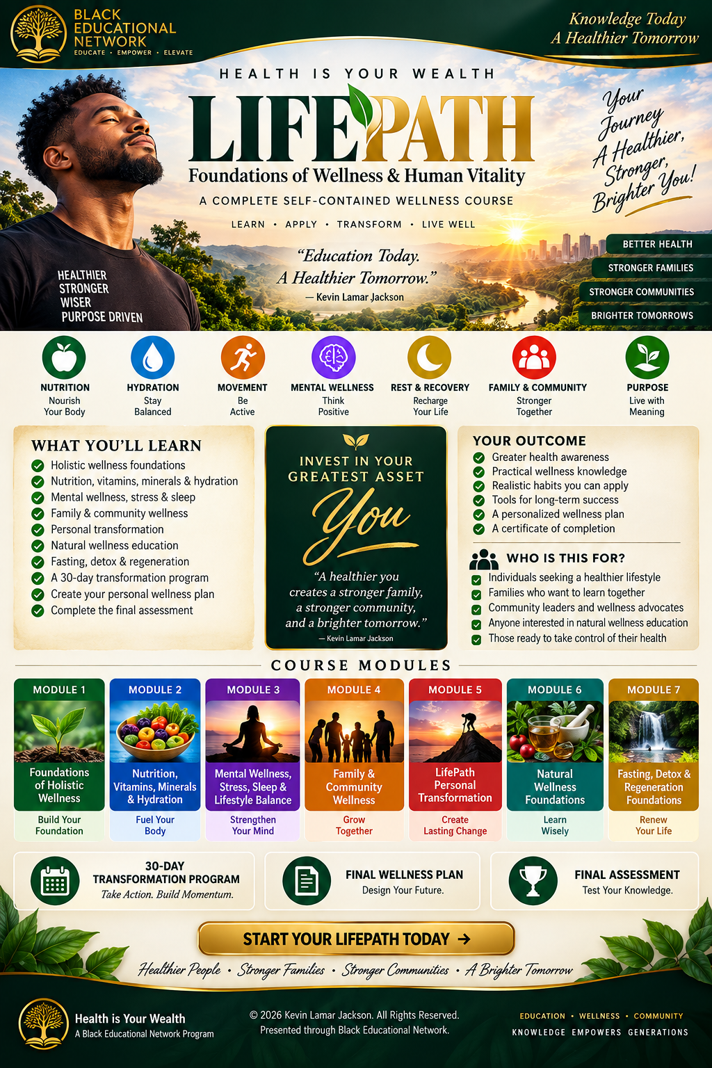 LifePath event flyer with speaker photo, program details, colorful icons, and registration QR code.