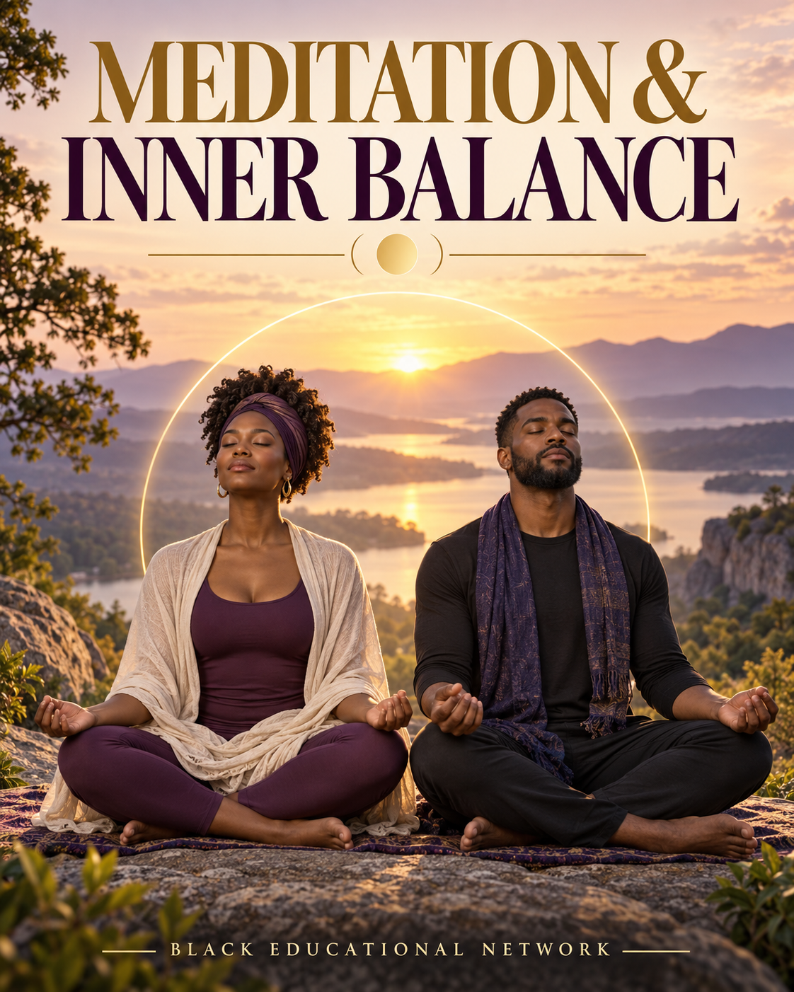 Two people meditating outdoors at sunset with mountains and warm golden light; “Meditation & Inner Balance” title.