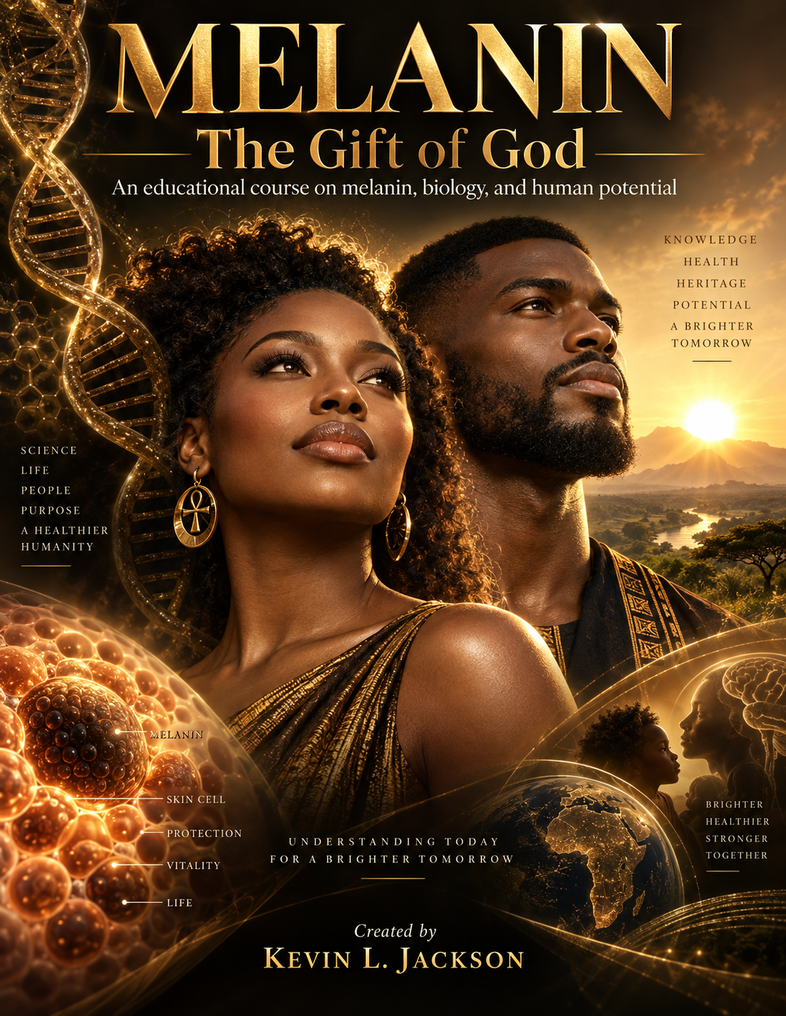 Poster for “Melanin: The Gift of God” featuring two figures amid a glowing golden, cosmic sunset scene